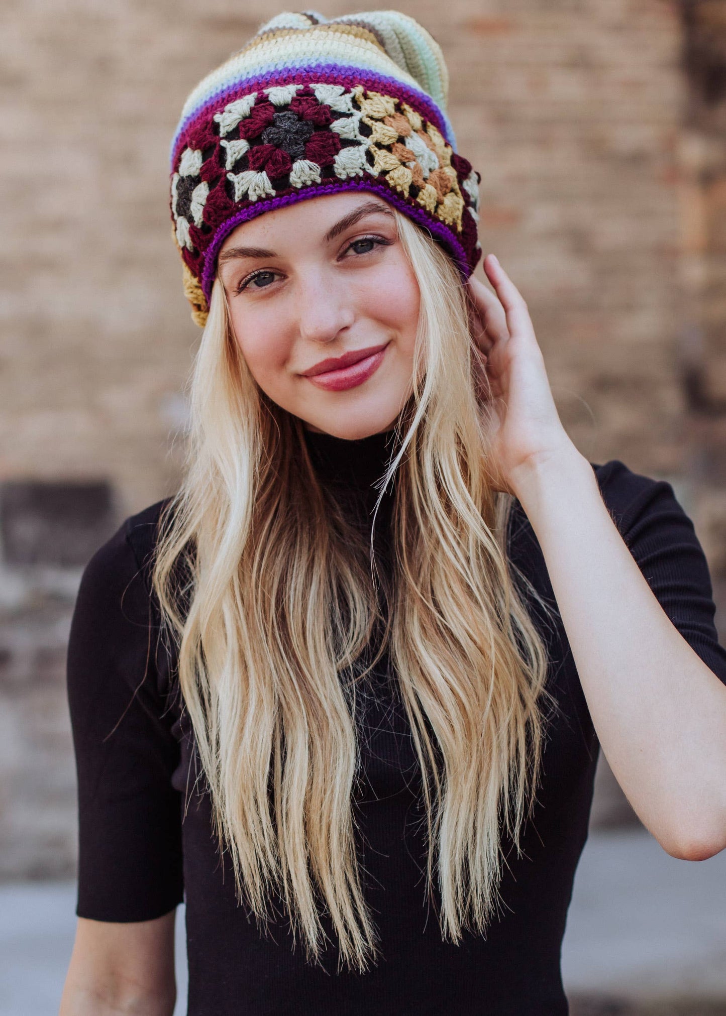 Yellow, Brown & Blue Crochet Beanie Hat