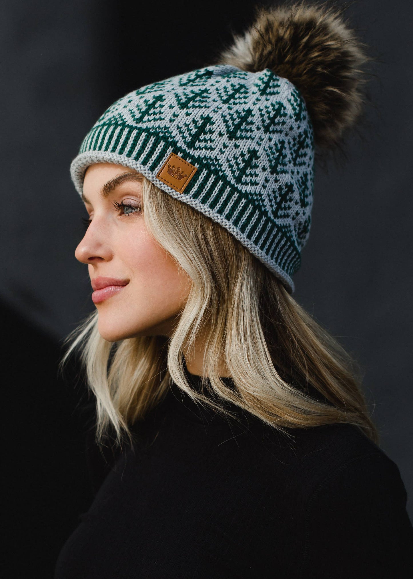 Gray w/ Green Tree Pattern Pom Hat