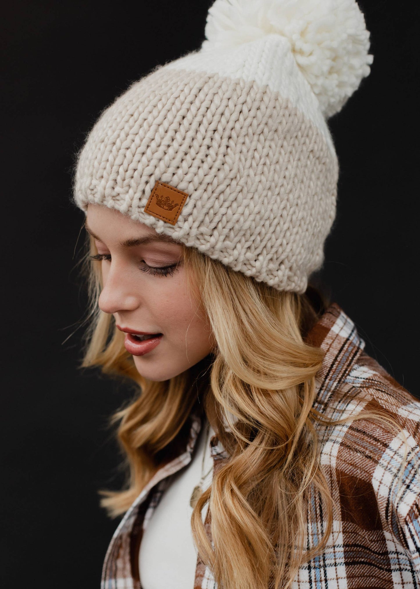 Beige & Off White Color Black Pom Hat