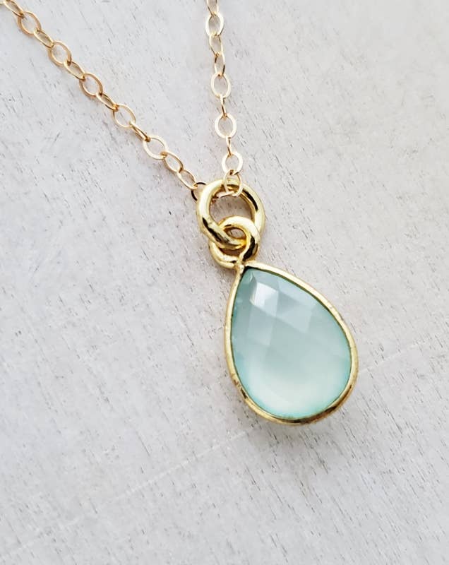 Gold Teardrop Aqua Chalcedony Necklace