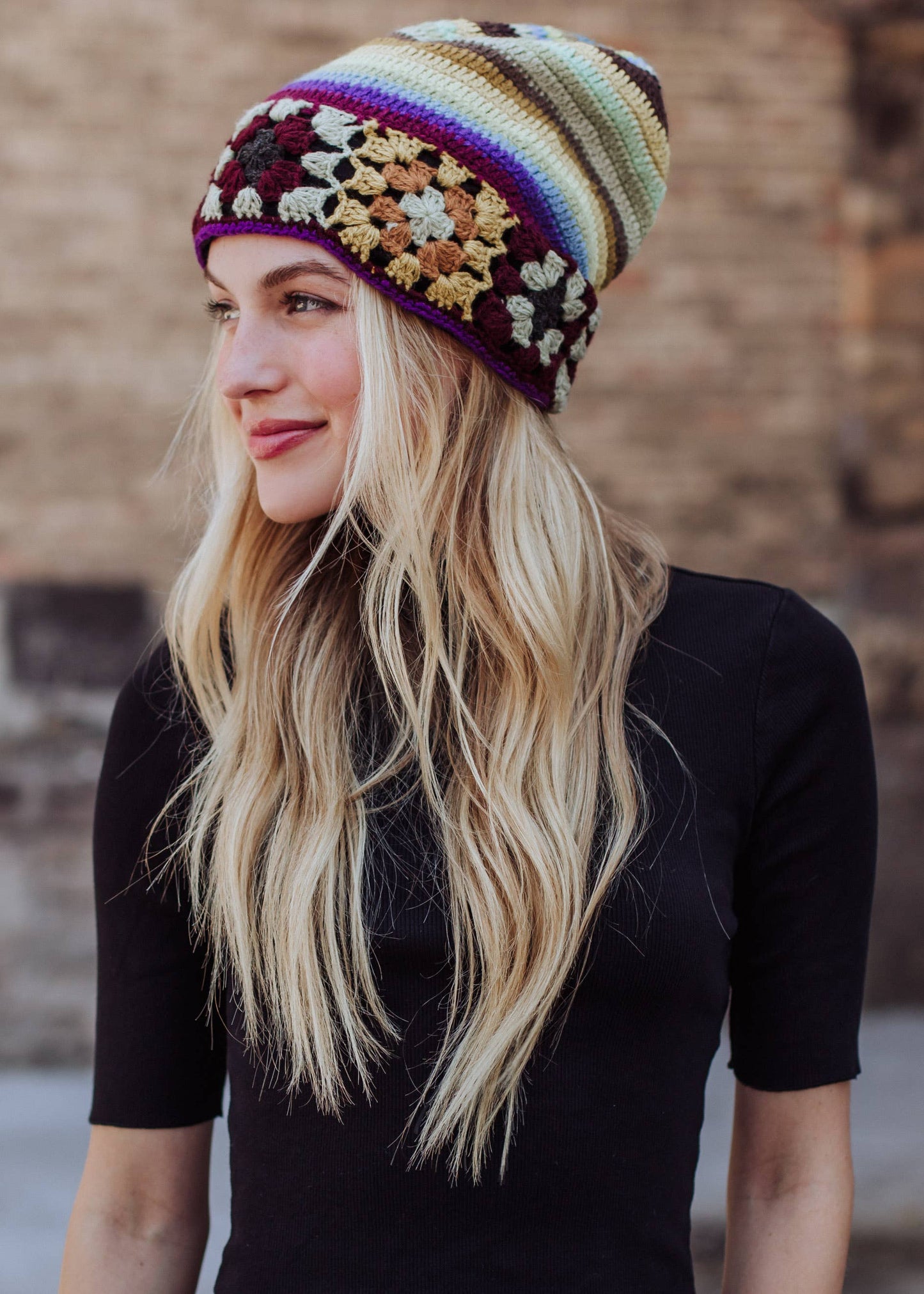 Yellow, Brown & Blue Crochet Beanie Hat