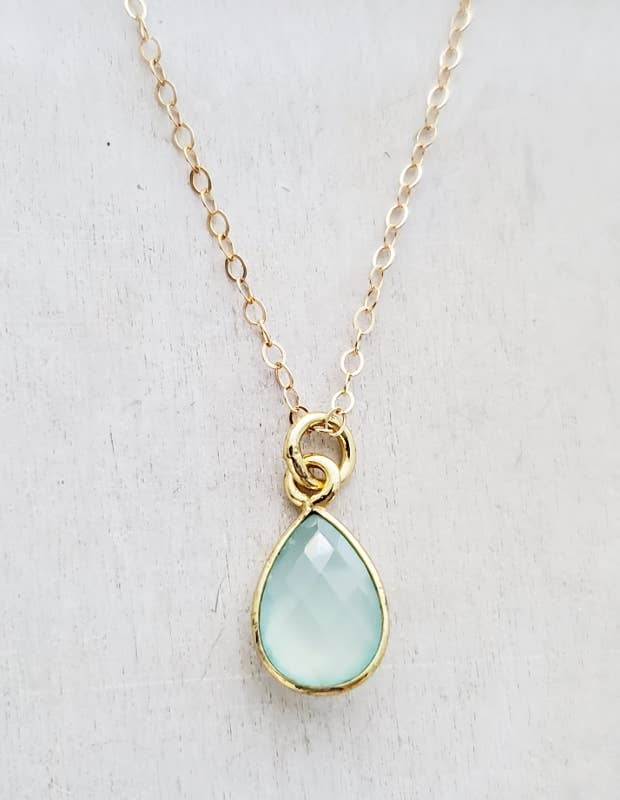 Gold Teardrop Aqua Chalcedony Necklace