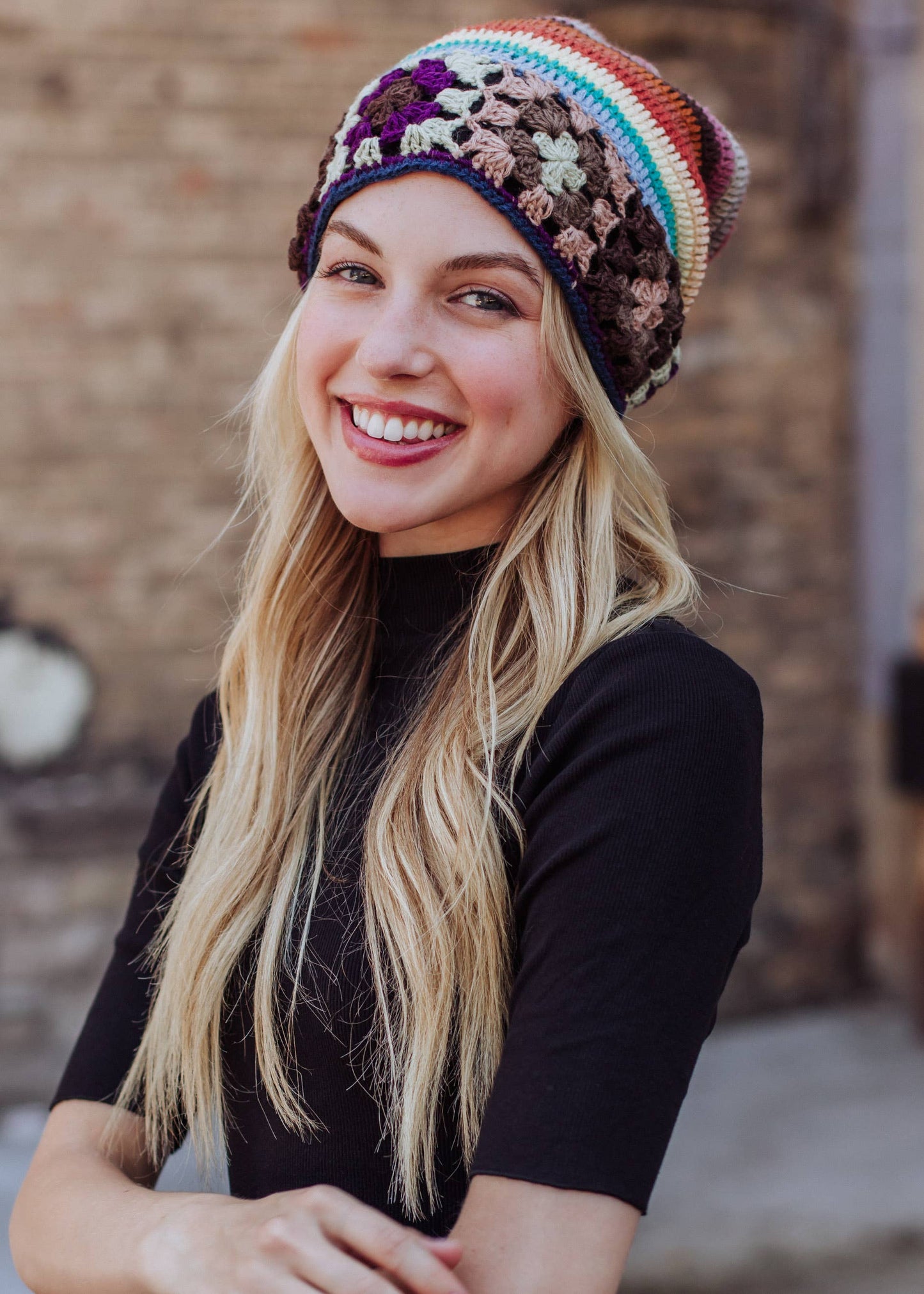 Brown, Taupe & Orange Crochet Beanie Hat