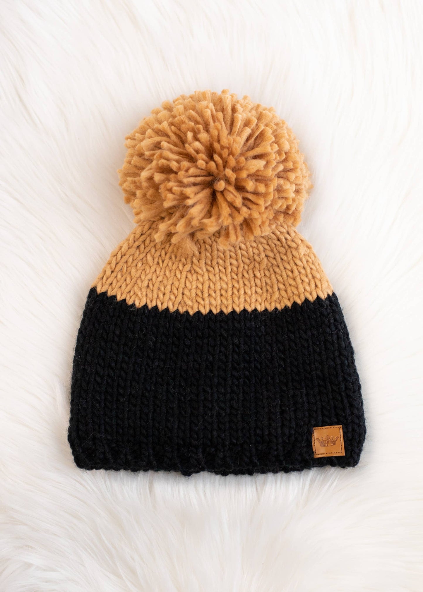 Black & Camel Color Block Pom Hat