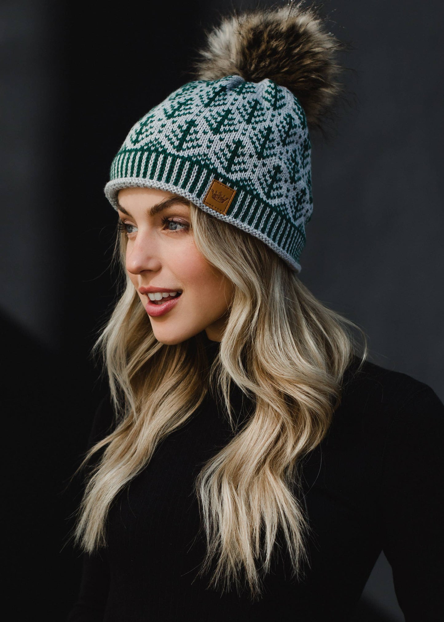 Gray w/ Green Tree Pattern Pom Hat