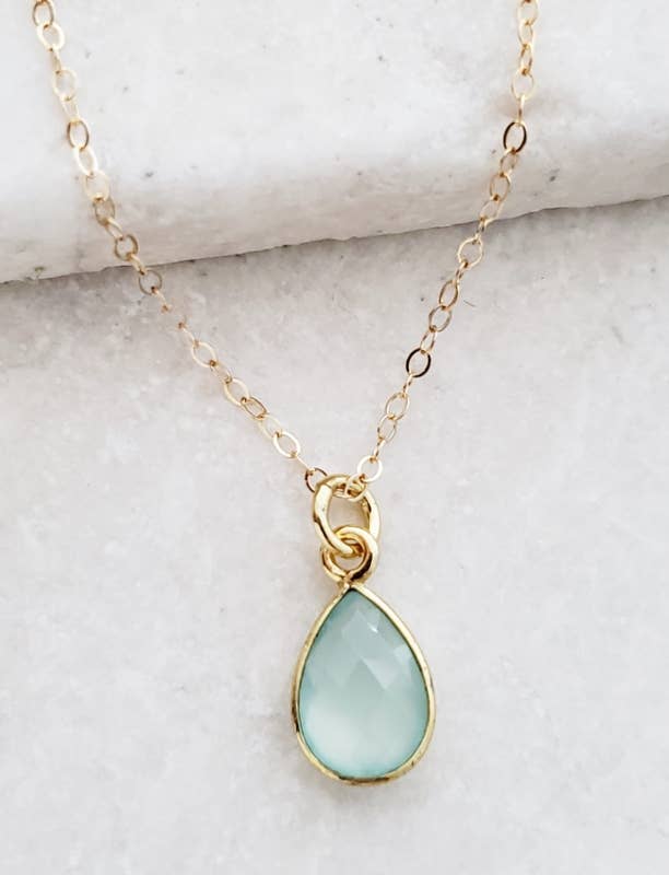 Gold Teardrop Aqua Chalcedony Necklace