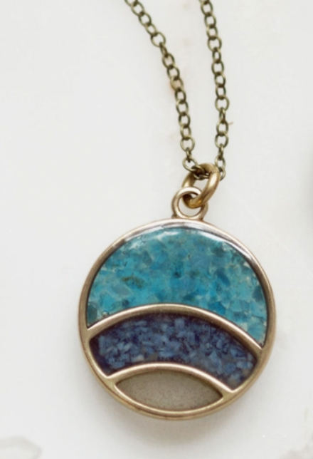 Rainbow Waves Round Pendant Necklace with inlay of chrysocolla/bluecoral/selenite on 18" gold chain