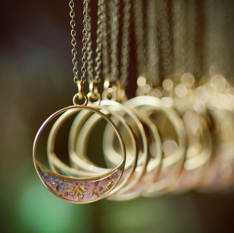 Long Crescent Necklace in Peach Selenite and Gold Leaf - 30 inch antique bronze chain