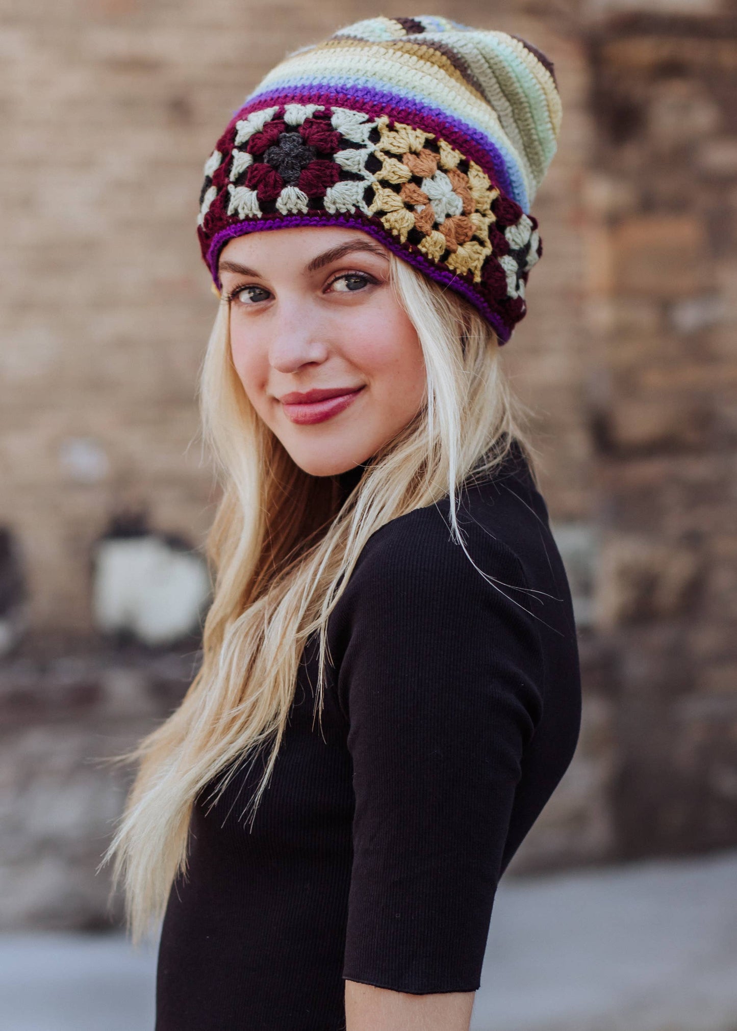 Yellow, Brown & Blue Crochet Beanie Hat