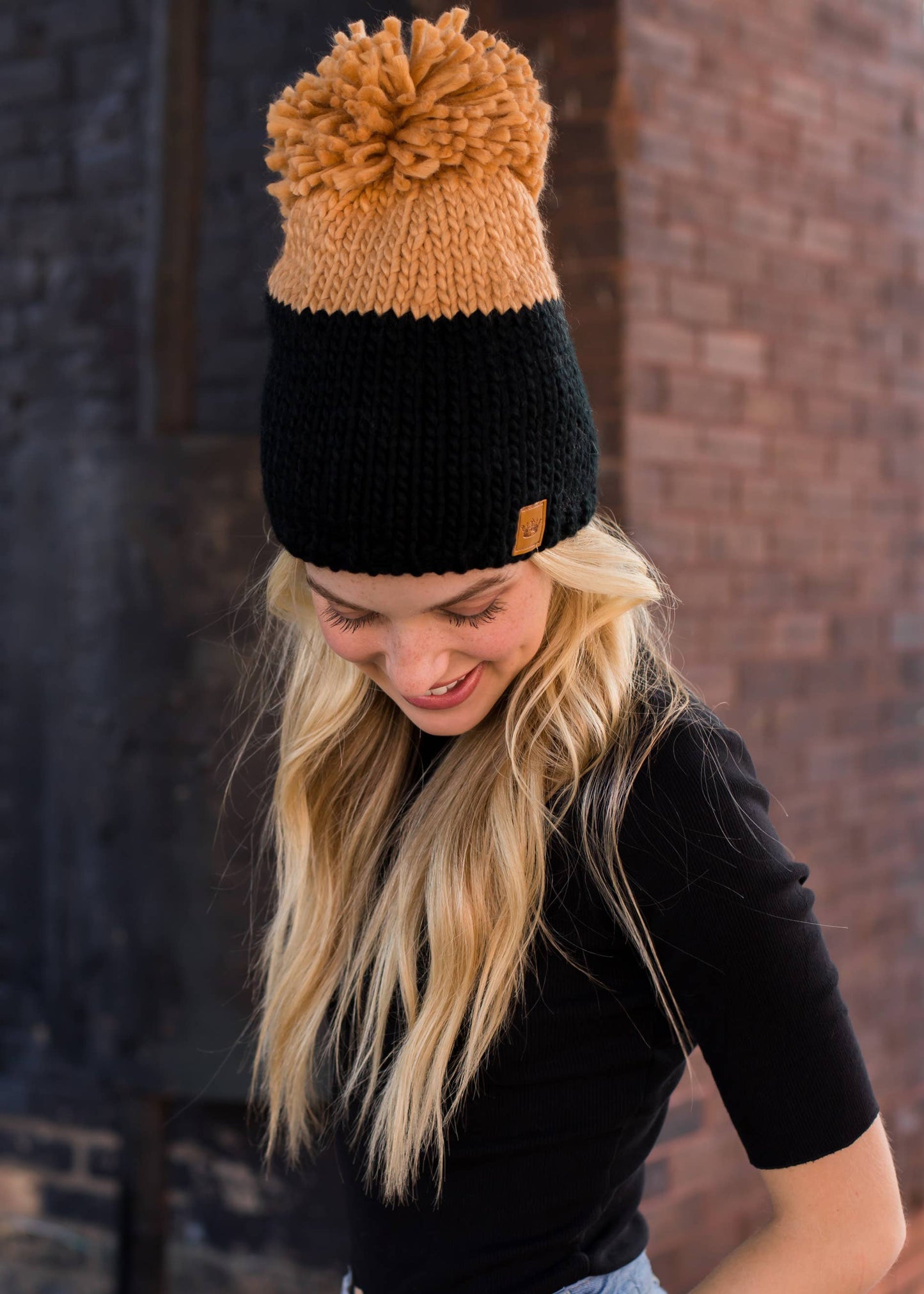 Black & Camel Color Block Pom Hat