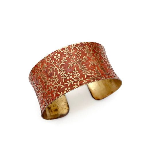 Brass Patina Bracelet - Red Orange Brass Floral Vines