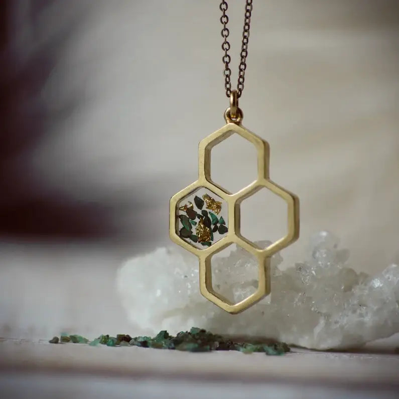 The Honeycomb Necklace with inlay of Malachite + Gold Leaf on 30" antique bronze chain