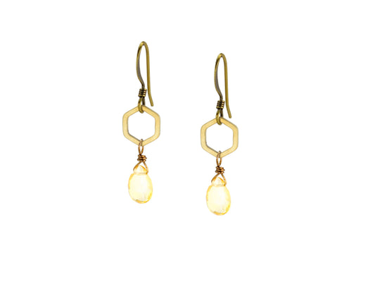 Small Hexagon Earrings with Yellow Citrine Teardrop Stones