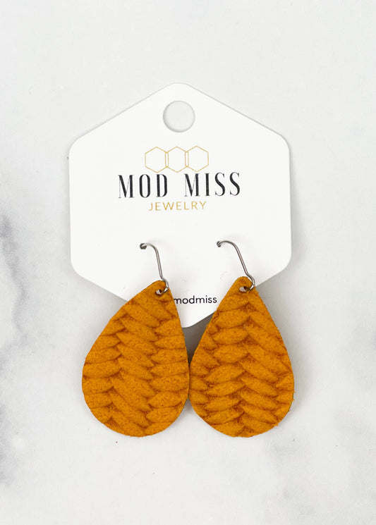 Leather Teardrop Earring -Woven, in Mustard Yellow