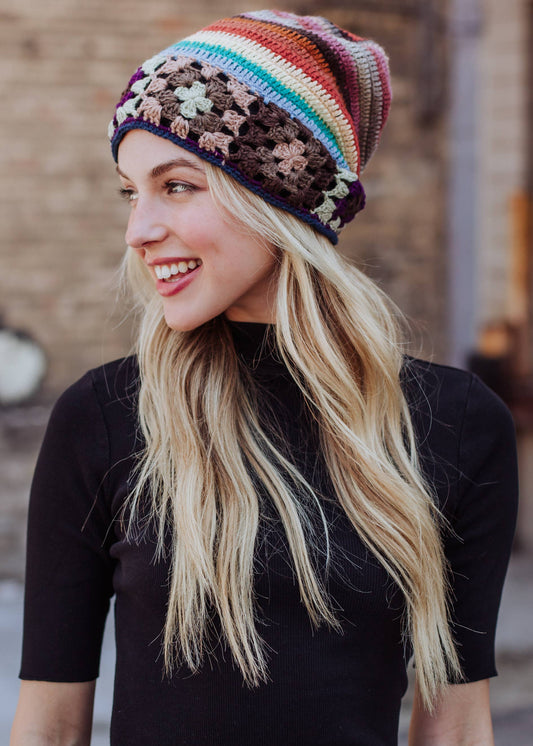 Brown, Taupe & Orange Crochet Beanie Hat