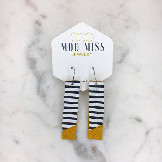 Leather Bar Earrings - Striped with Gold