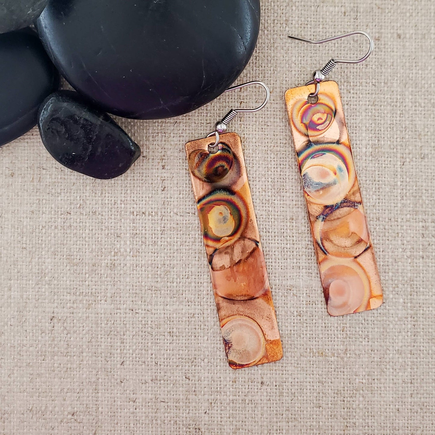 Thin Flame Paint" Copper Rectangle Earrings