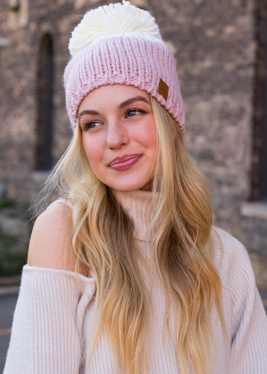 Blush & Off White Color Block Pom Hat