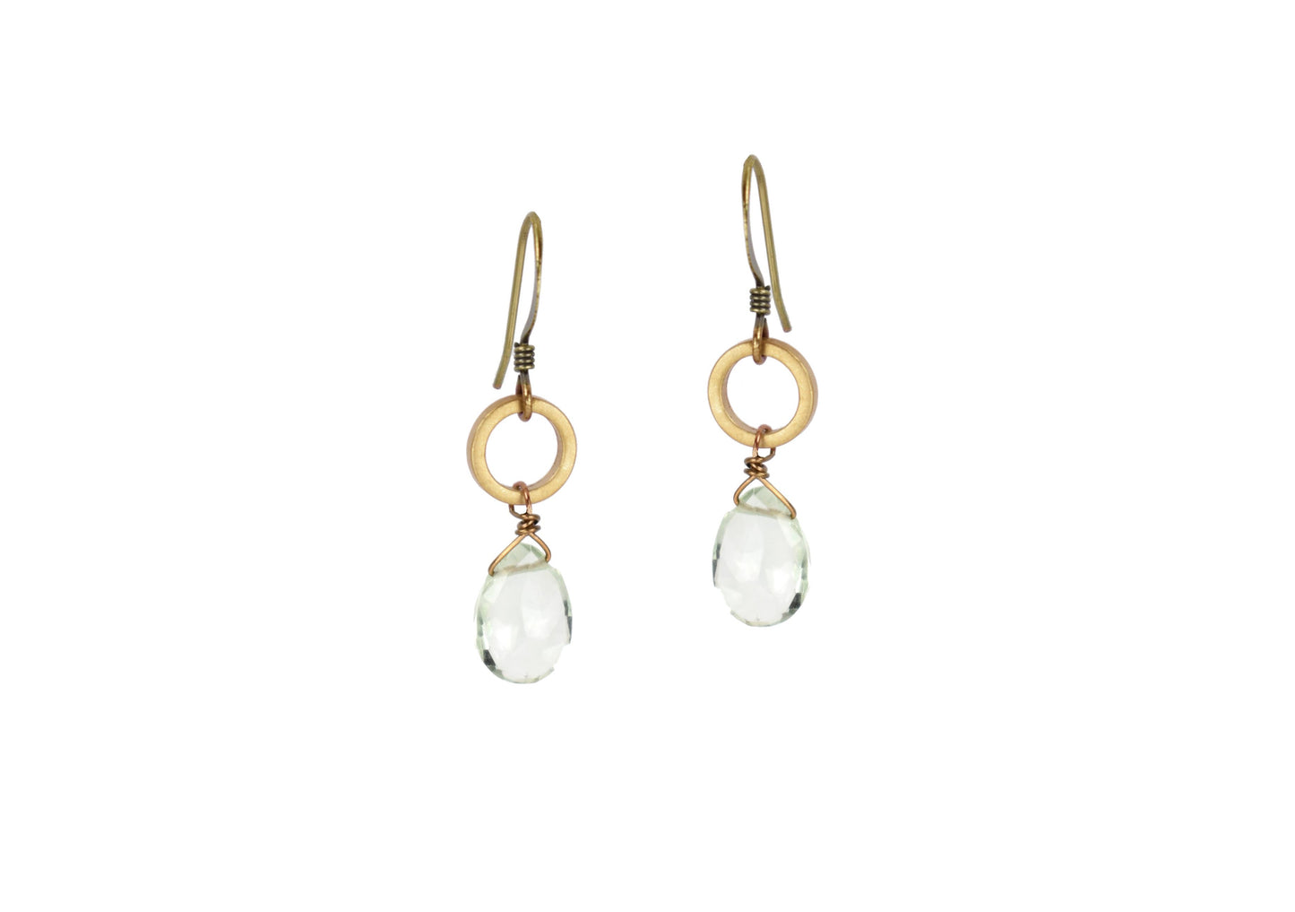 Small Green Amethyst Brass Circle Earrings