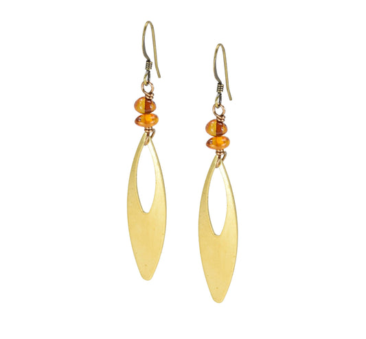 Baltic Amber Round Brass Oblong Shape Earrings