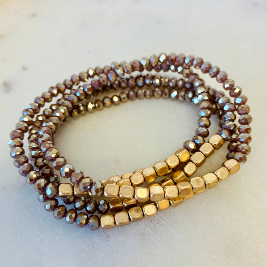 Five Strand Stone and Gold Bracelet Stack