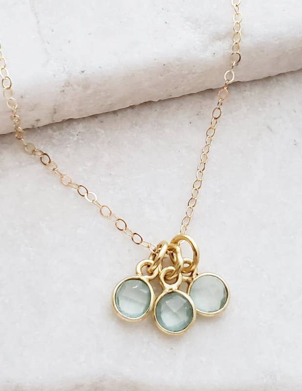 Gold Gemstone Cluster Trio Necklace - Aqua Chalcedony: 18"