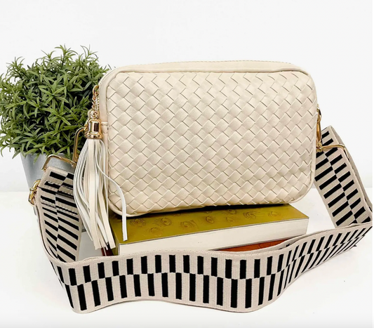 Woven Willow Camera Crossbody Bag, in Cream