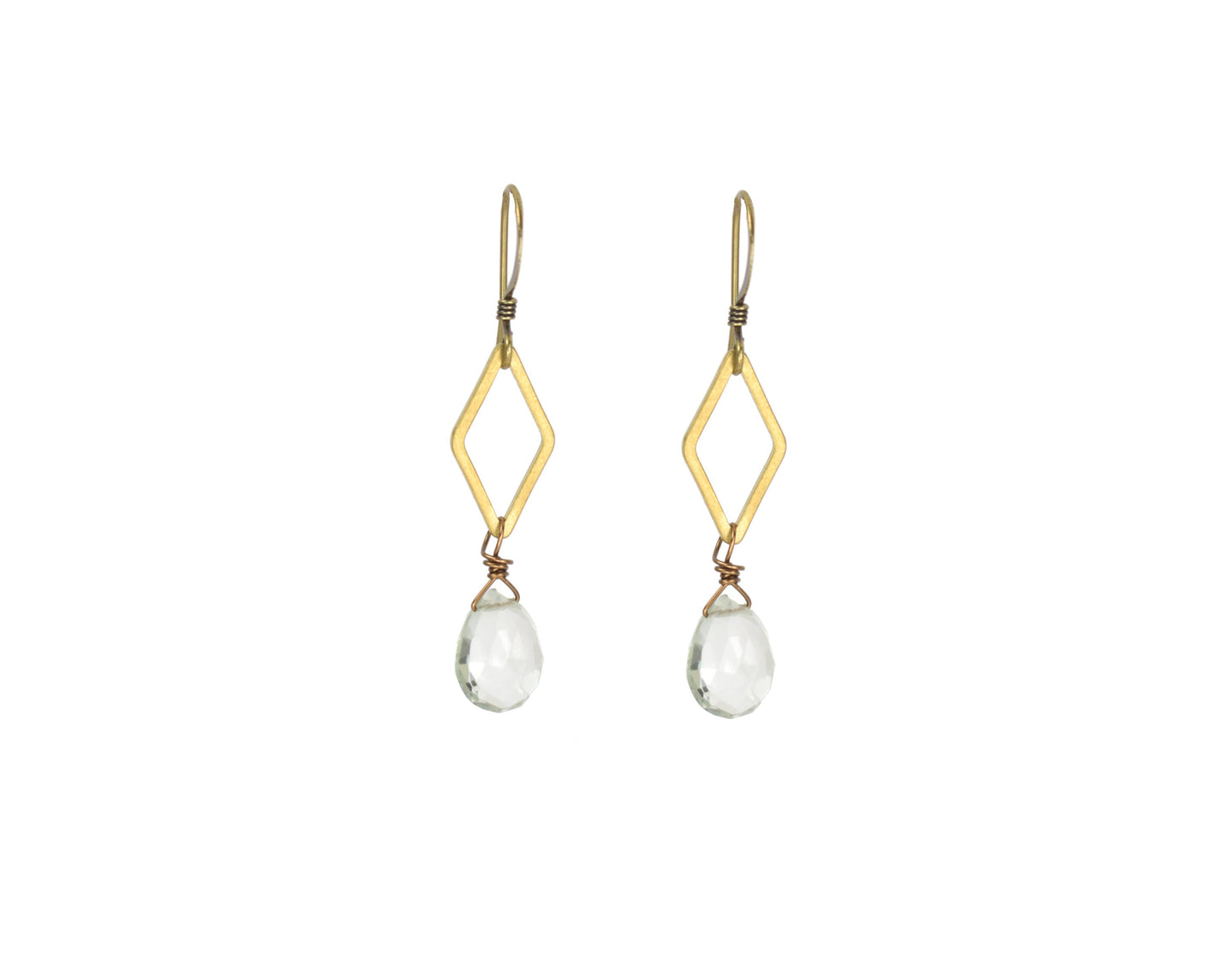 Green Amethyst Brass Diamond Shape Earrings