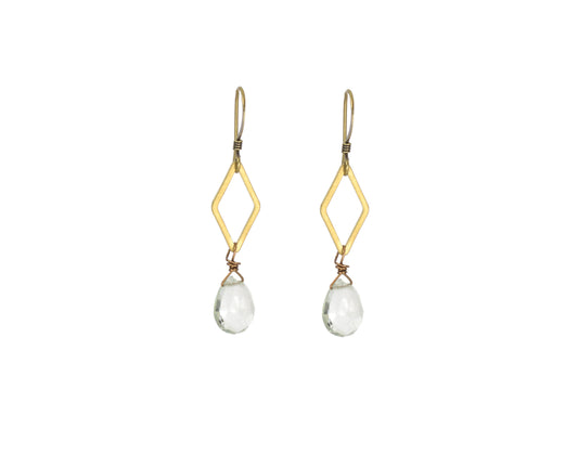 Green Amethyst Brass Diamond Shape Earrings