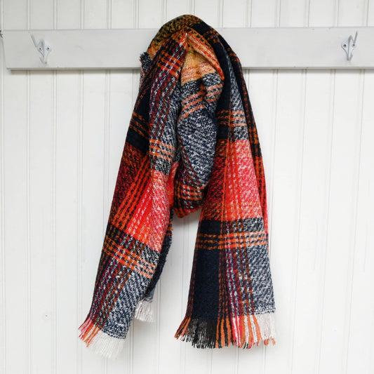 Fuzzy Blanket Plaid Scarf, in red and multi