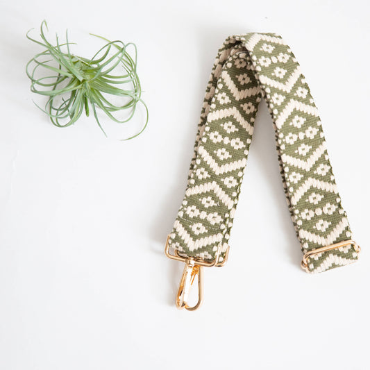 Guitar Style Strap - Olive & Cream Woven Geo Pattern