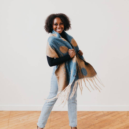 Dotted Two Tone Fringe Scarf, in Blue/Brown