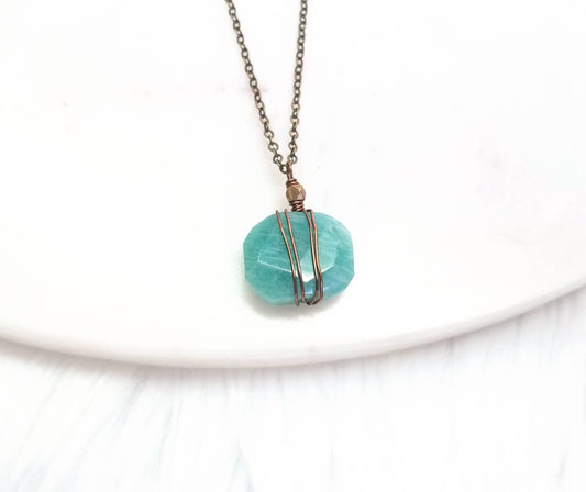 Wrapped Amazonite Stone Necklace Boho Blue