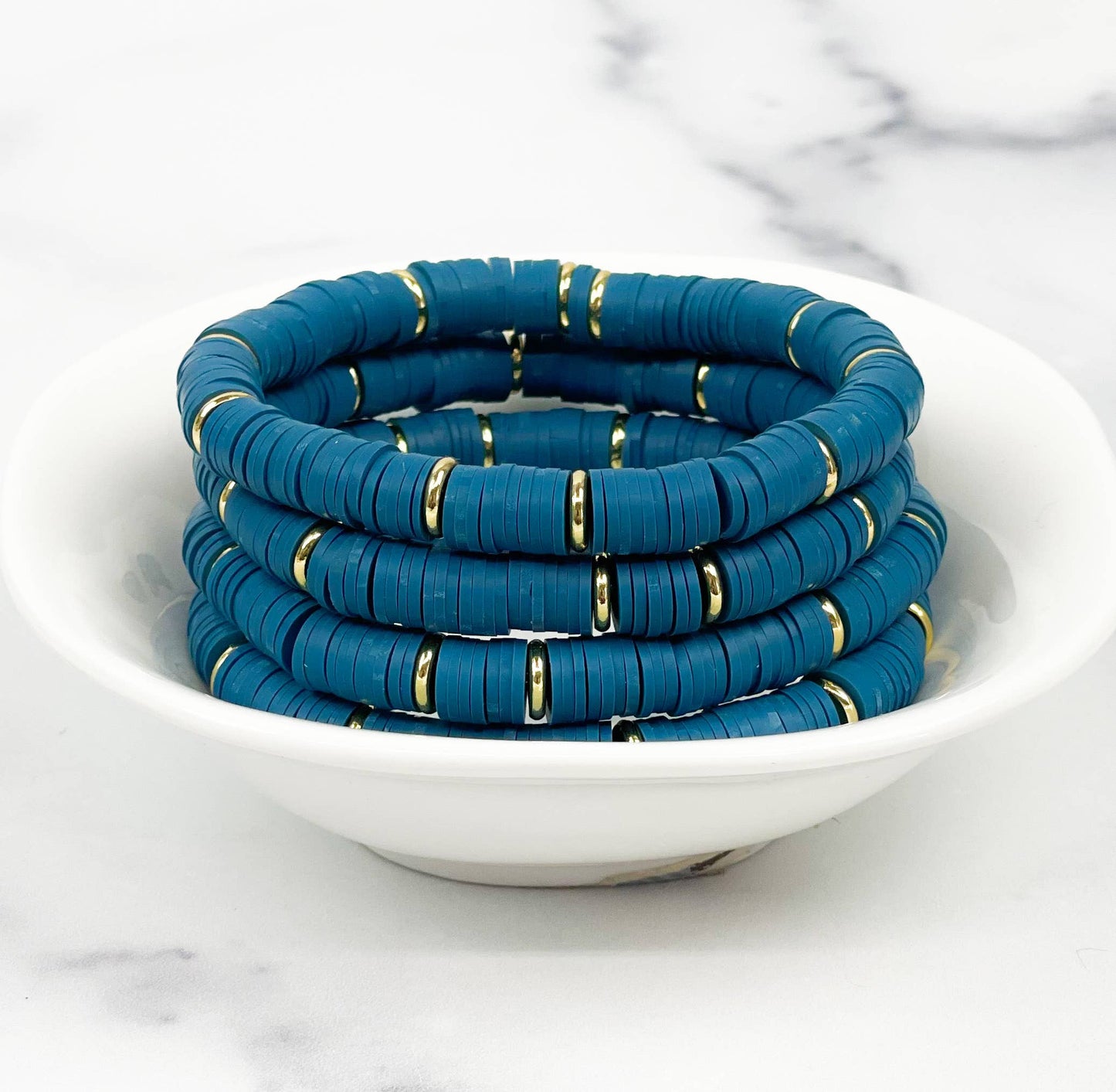 Heishi Color Pop Bracelet "Teal Blue Gold Discs"