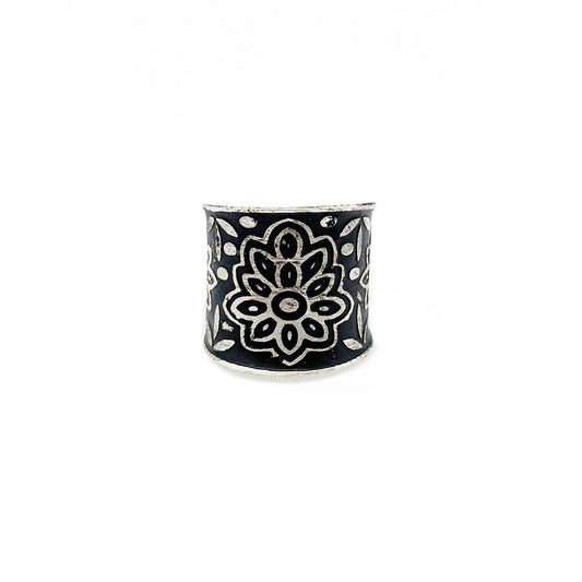 Silver Patina Ring - Black Floral Pattern