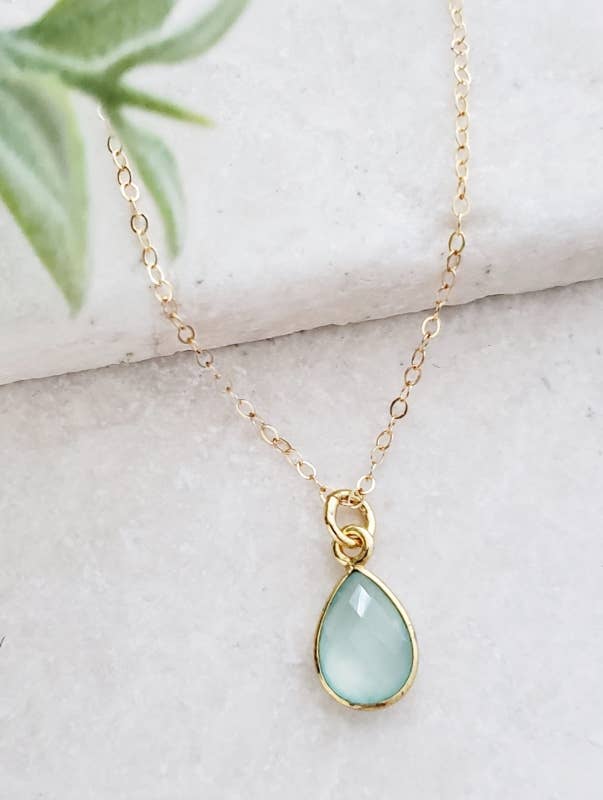 Gold Teardrop Aqua Chalcedony Necklace