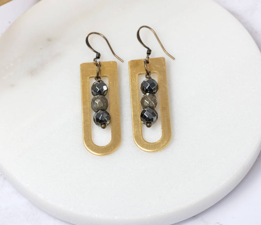 Metallic Pyrite and Hematite Modern D Earring