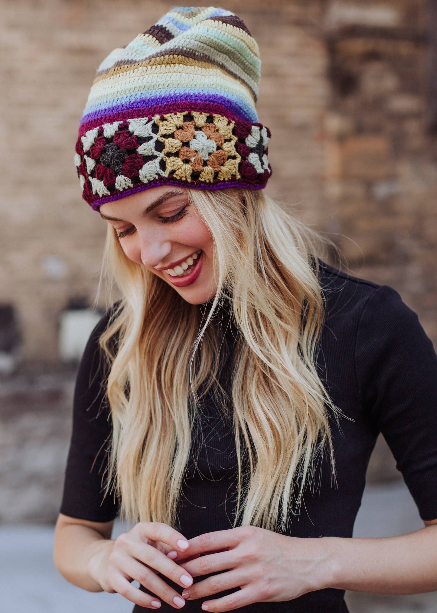 Yellow, Brown & Blue Crochet Beanie Hat