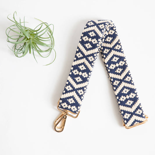 Guitar Style Strap - Navy & Cream Geo Woven