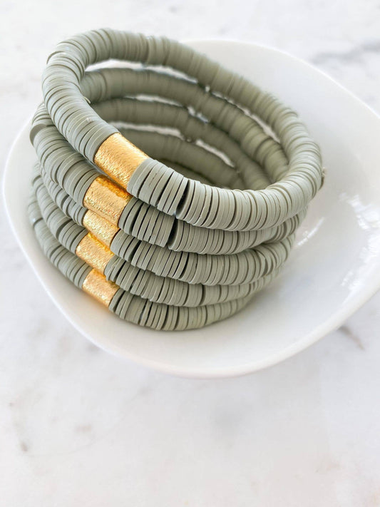 Heishi Color Pop Bracelet "Sage Green Gold Barrel"