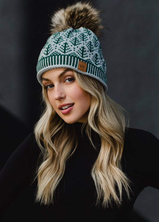 Gray w/ Green Tree Pattern Pom Hat