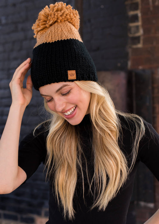 Black & Camel Color Block Pom Hat