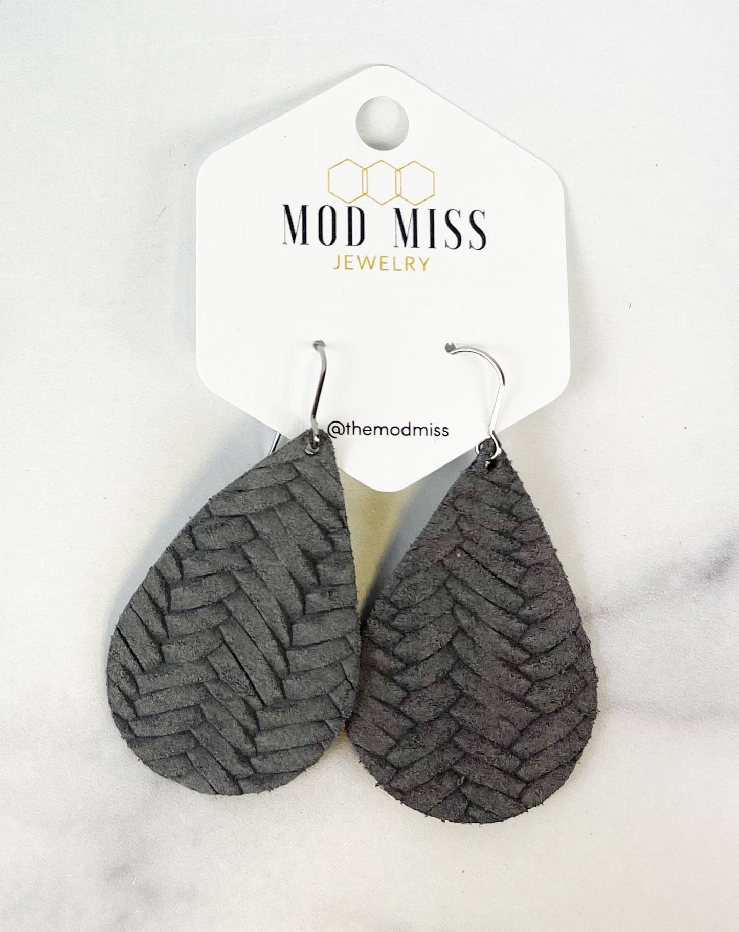 Leather Teardrop Earring - Woven Slate Gray