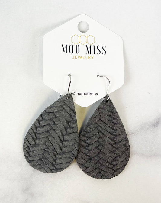 Leather Teardrop Earring - Woven Slate Gray